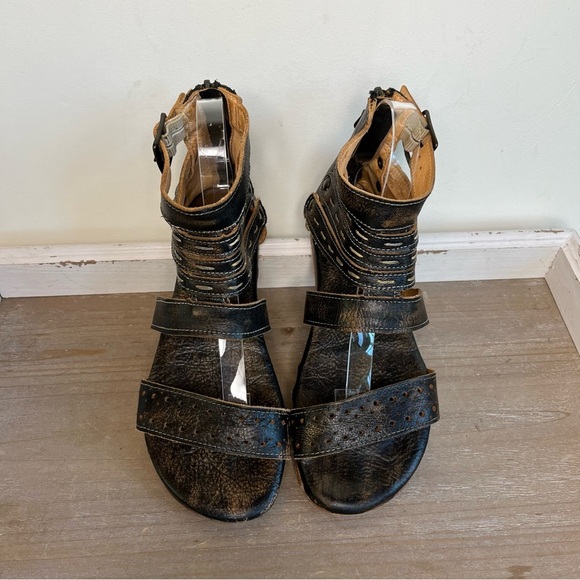 Bed|Stu Artemis Gladiator Sandals 6 Black Distressed Leather Boho Festival - Picture 6 of 14